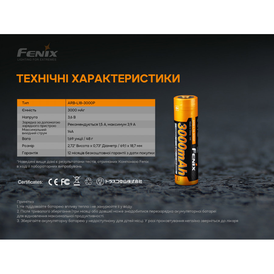 Акумулятор 18650 Fenix (3000 mAh)