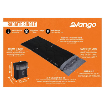 Спальний мішок з підігрівом Vango Radiate Single/-3°C Black Left (SBQRADIATB05TJ8)