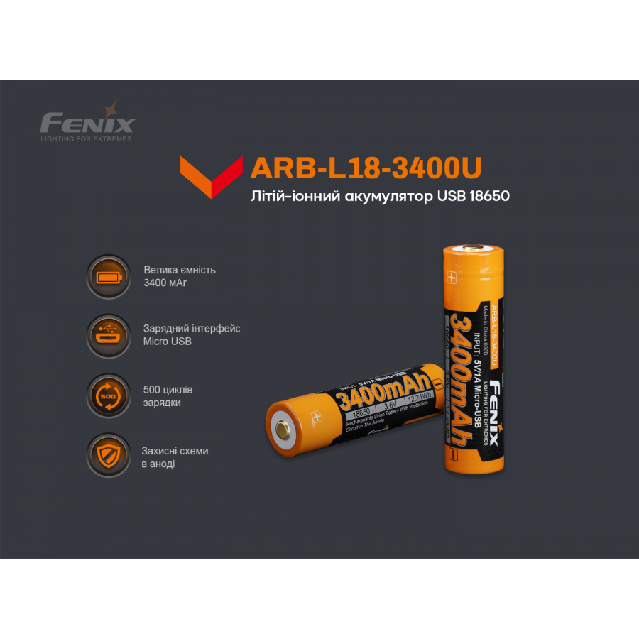 ARB-L18-3400U Акумулятор 18650 Fenix (3400 mAh) micro usb зарядка