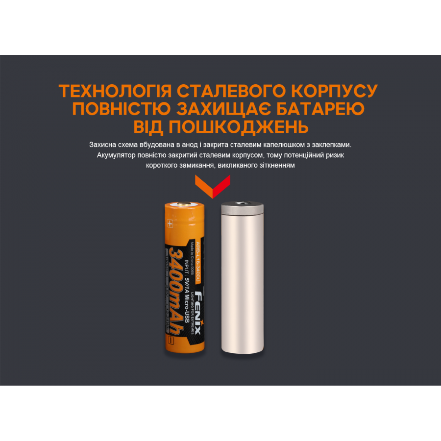 ARB-L18-3400U Акумулятор 18650 Fenix (3400 mAh) micro usb зарядка