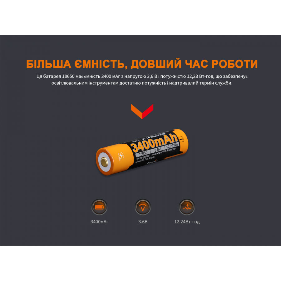 ARB-L18-3400U Акумулятор 18650 Fenix (3400 mAh) micro usb зарядка