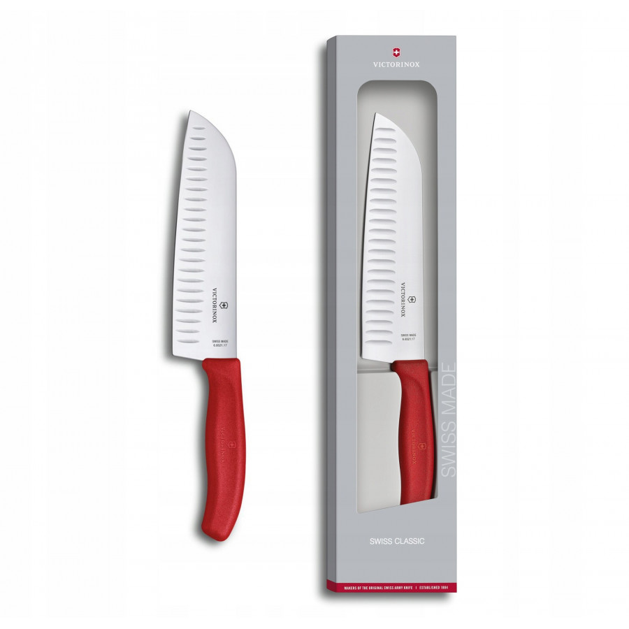 Ніж кухонний Victorinox SwissClassic Santoku Fluted, 17 см, червоний, подар. кор.