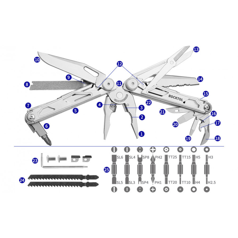 Мультитул Rocktol SK05 29-в-1 з нейлоновим чохлом, бітами та запасними аксесуарами