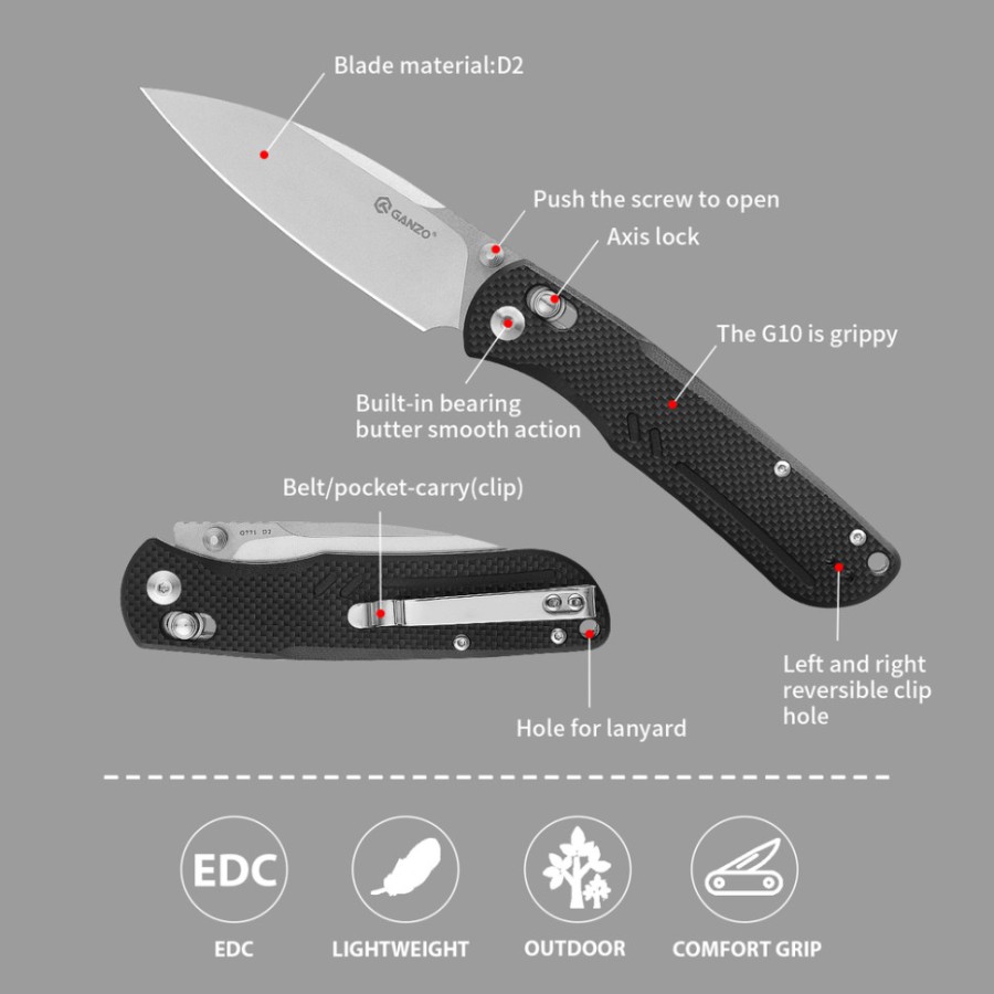Ніж складаний туристичний Ganzo G771 (8.8 см) D2 / G10 чорний