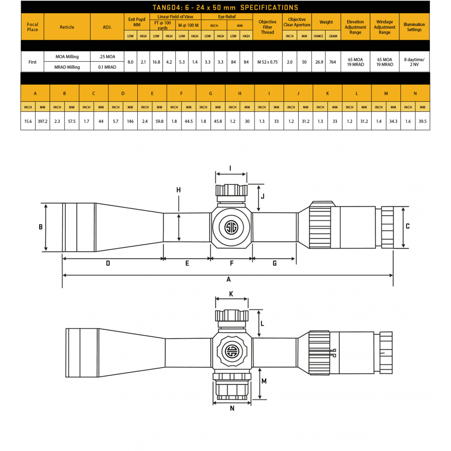 Приціл оптичний Sig Optics TANGO4 6-24x50mm, 30mm, FFP, MRAD ILLUM RETICLE, SIDE FOCUS