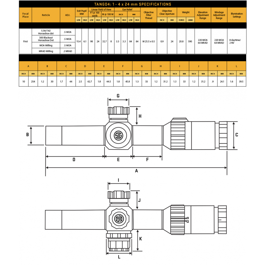 Приціл оптичний Sig Optics TANGO4 1-4x24mm, 30mm, FFP, MRAD ILLUM RETICLE, 0.2 MRAD ADJ, GRAPHITE