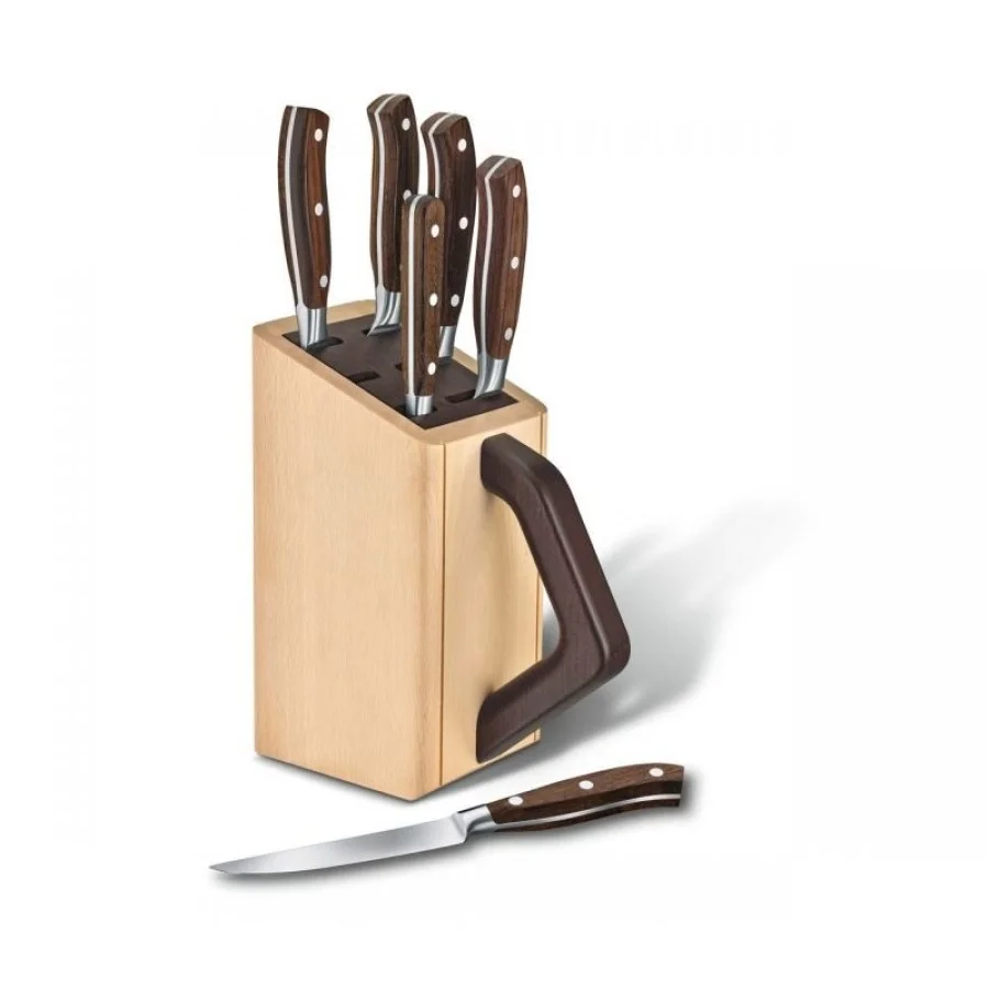 Набір кухонний Victorinox Grand Maitre Сhef's Wood Cutlery Block 6шт з дерев. ручкою з підставкою (5 ножів, віделка)